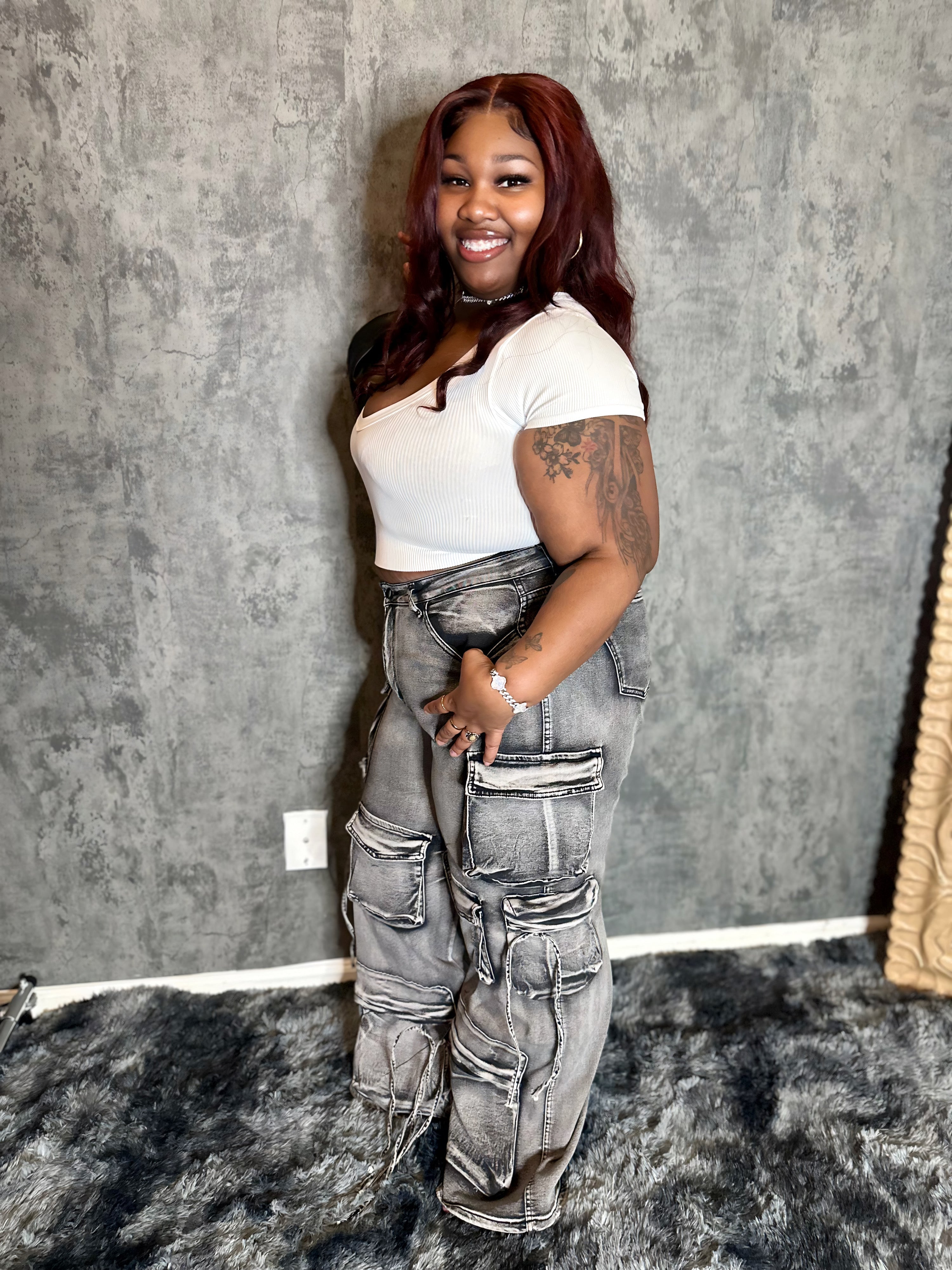 Multi Pocket Washed Cargo Jeans Plus Size