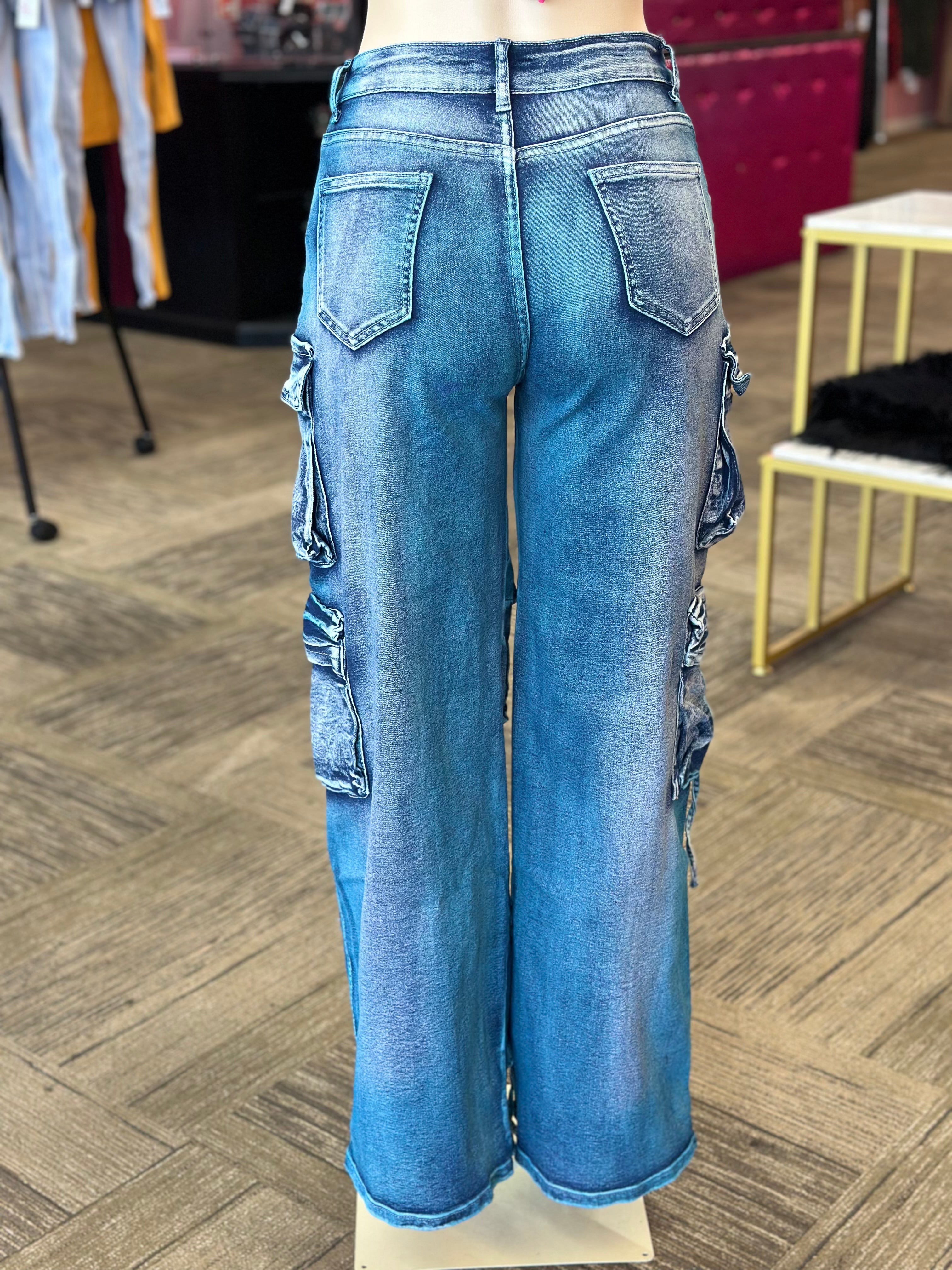 Multi Pockets Washed Cargo Jeans